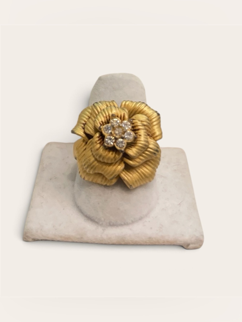 Gold Flower Cocktail Ring with Clear Stone Center